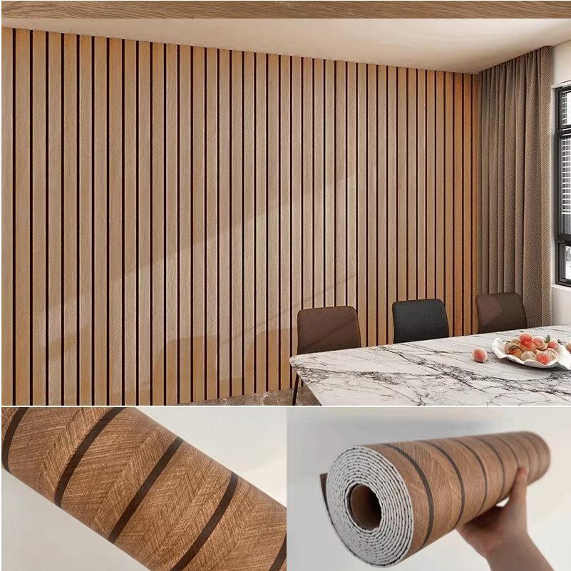 Wood Grain Slat Wall Panel Self Adhesive Wall Sticker Thickened Resistant PVC Slat Wallpaper Foam Paneling for Wall Ceiling